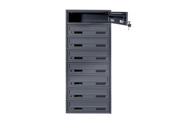 Mailboxes in the condo. metal mailbox with lockable center in condo. Mailbox on the white background isolated
