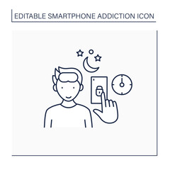 Check on line icon. Check on phone at night. Unlock screen. Spend time in telephone. Online entertainment.Smartphone addiction concept. Isolated vector illustration. Editable stroke