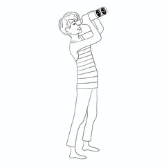 Guy looking into the distance through binoculars. Linear illustration on isolated white background.