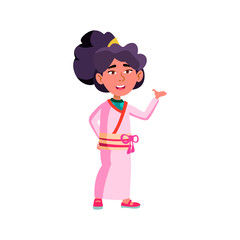attractive asian girl in traditional clothes showing room at home cartoon vector. attractive asian girl in traditional clothes showing room at home character. isolated flat cartoon illustration