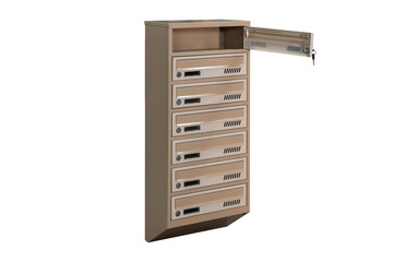 Mailboxes in the condo. metal mailbox with lockable center in condo. Mailbox on the white background isolated
