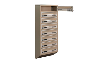 Mailboxes in the condo. metal mailbox with lockable center in condo. Mailbox on the white background isolated