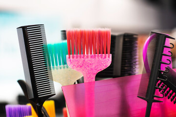 Hairdresser tools. Combs and brushes for coloring hair in a hairdressing salon. Close-up