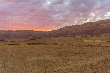 Sunset view of landscape and rock formations, Timna Valley