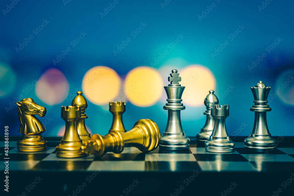 Poster closeup of chess characters on board games. to represent decision making in term of business strateg