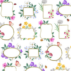 Watercolor botanical floral illustration pattern with  frame templates for greeting cards and tags 