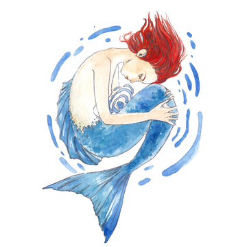 Watercolor illustration with a mermaid. Side view