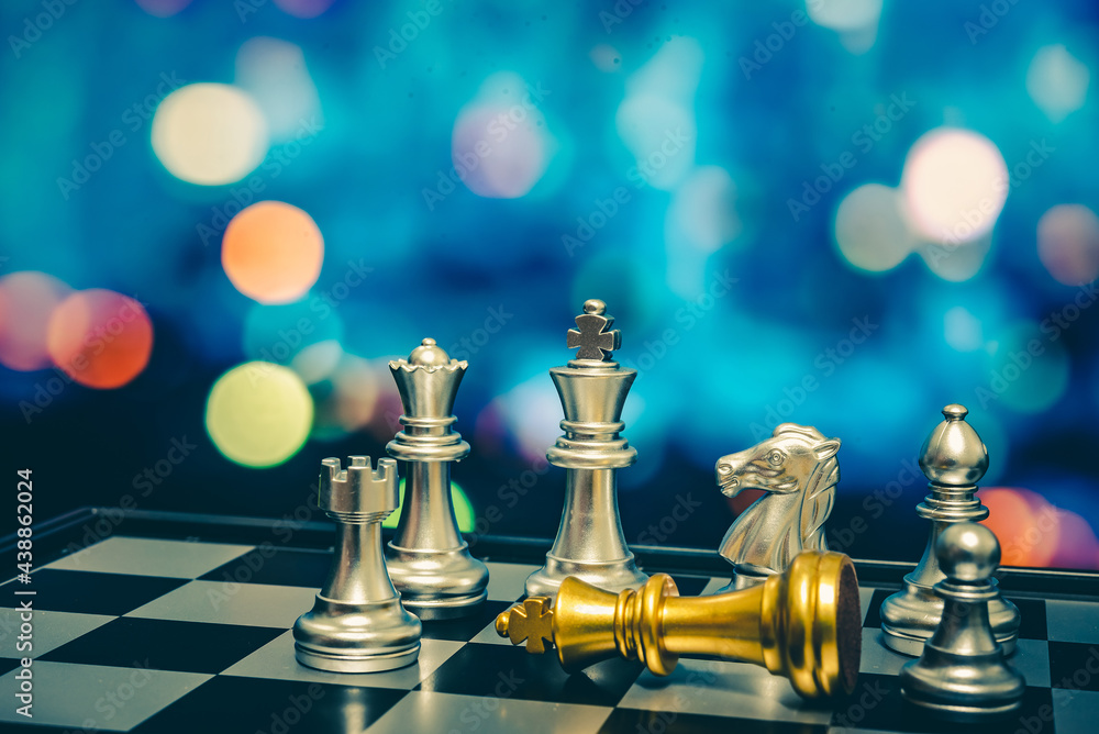 Poster closeup of chess characters on board games. to represent decision making in term of business strateg