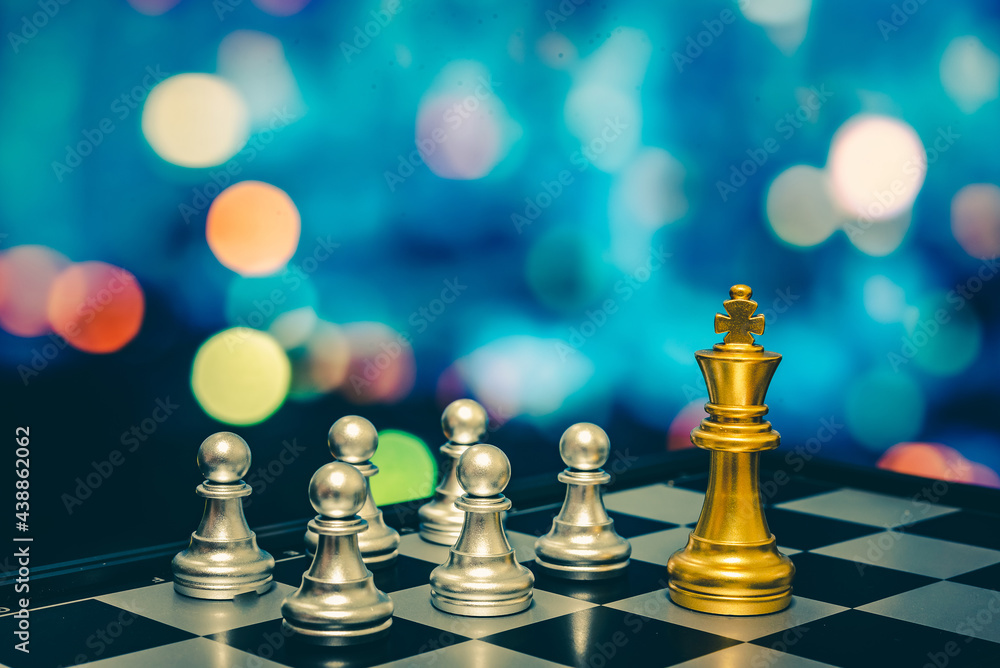 Poster closeup of chess characters on board games. to represent decision making in term of business strateg