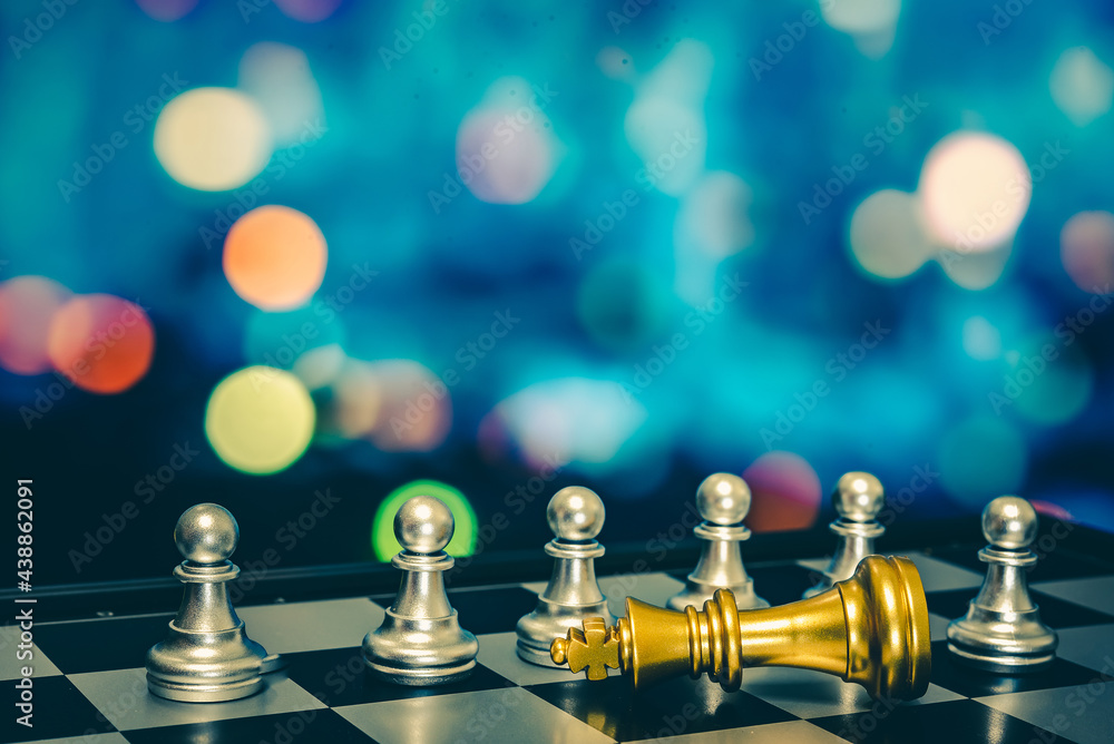 Poster closeup of chess characters on board games. to represent decision making in term of business strateg