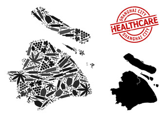 Vector addiction mosaic map of Shanghai Municipality. Rubber health care round red imprint. Template for narcotic addiction and health care purposes.