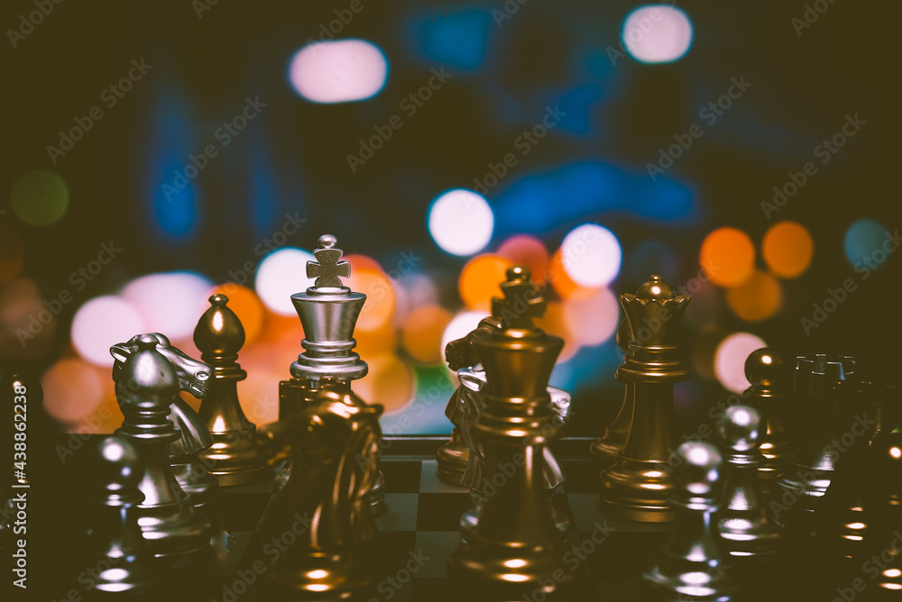 Poster closeup of chess characters on board games. to represent decision making in term of business strateg