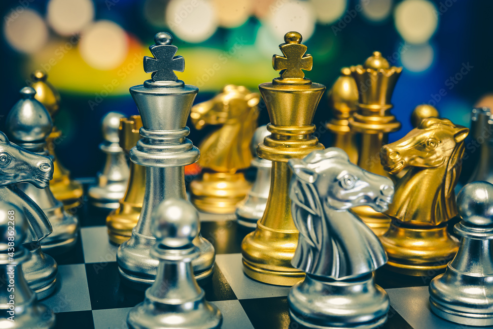 Poster closeup of chess characters on board games. to represent decision making in term of business strateg