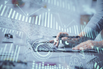 Double exposure of woman hands typing on computer and technology theme drawing. High Tech concept.