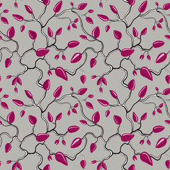 Vector seamless pattern with small leaves on curly branches. Elegant vintage floral design.. Simple abstract ornamental background. Black, grey and pink color. Stylish repeat decorative print