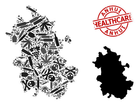 Vector narcotic mosaic map of Anhui Province. Rubber health care round red seal. Template for narcotic addiction and medicine promotion. Map of Anhui Province is made with inoculation needles, danger,