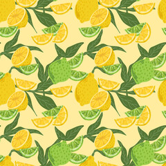 Vector background of citrus fruits with leaves. Juicy lemon with lime for summer textiles. Beautiful fruit combinations for packaging design or restaurant menu. Vector illustration