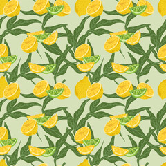 Vector pattern of citrus fruits on a green background. Juicy lemon with lime for the summer design of the restaurant menu. Vector illustration