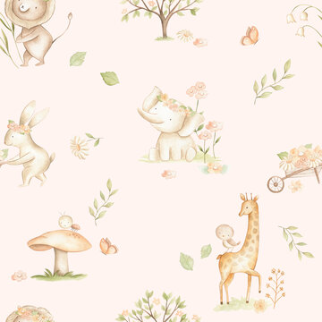 Watercolor woodland baby animals spring pastel color seamless pattern for nursery 