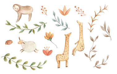 Watercolor baby animals for nursery illustration 