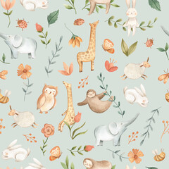 Watercolor baby animals for nursery  seamless pattern illustration green 