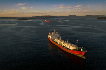Panorama the Norway coast near the  Kaarsto LPG with gas carriers on anchorage. Drone footage,...