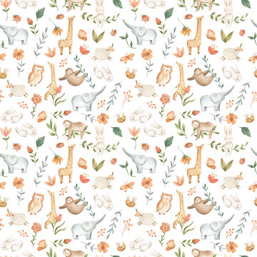 Fototapeta Watercolor baby animals for nursery pattern illustration white 