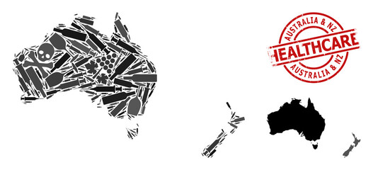 Obraz premium Vector narcotic collage map of Australia and New Zealand. Rubber healthcare round red rubber imitation. Concept for narcotic addiction and medical agitation.