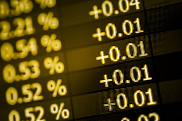 Financial data of stock market in term of a digital prices on LED display. A number of daily market price and quotation of prices chart to represent candle stick tracking in Forex trading.	