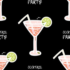 Seamless pattern of glasses with cocktail, bubbles and lemon slices, straws on a black background. Icon for bar and club, website, party, cafe menu, bar menu, restaurant design, textile. Phrase