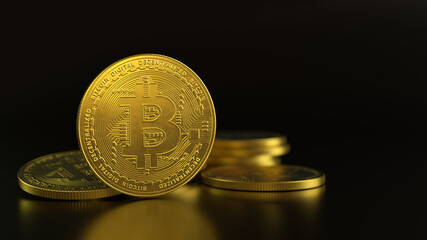Golden bitcoin, conceptual image for crypto currency and nft. 3d rendering.