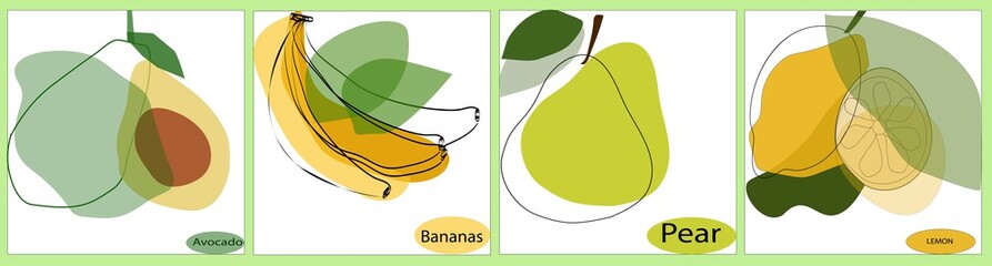 Abstract fruits set. Line art style. One line drawings with colored spots. Vector graphics. Isolated background.