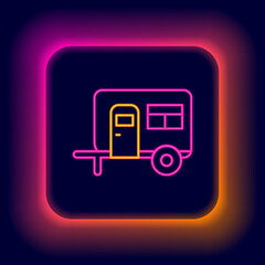 Glowing neon line Rv Camping trailer icon isolated on black background. Travel mobile home, caravan, home camper for travel. Colorful outline concept. Vector