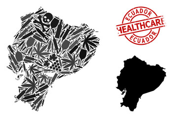 Vector addiction mosaic map of Ecuador. Rubber health care round red badge. Concept for narcotic addiction and medicine propaganda. Map of Ecuador is created from injection syringes, skull, medicine,