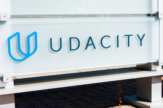 Udacity sign, logo at headquarters of American for-profit educational organization. - Mountain View, California, USA - 2021