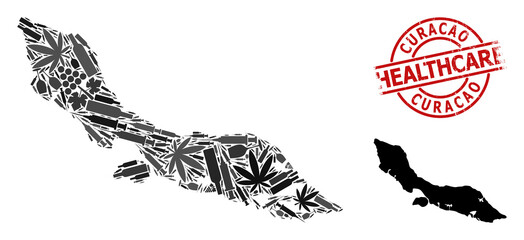 Vector addiction composition map of Curacao Island. Rubber health care round red rubber imitation. Concept for narcotic addiction and healthcare promotion.