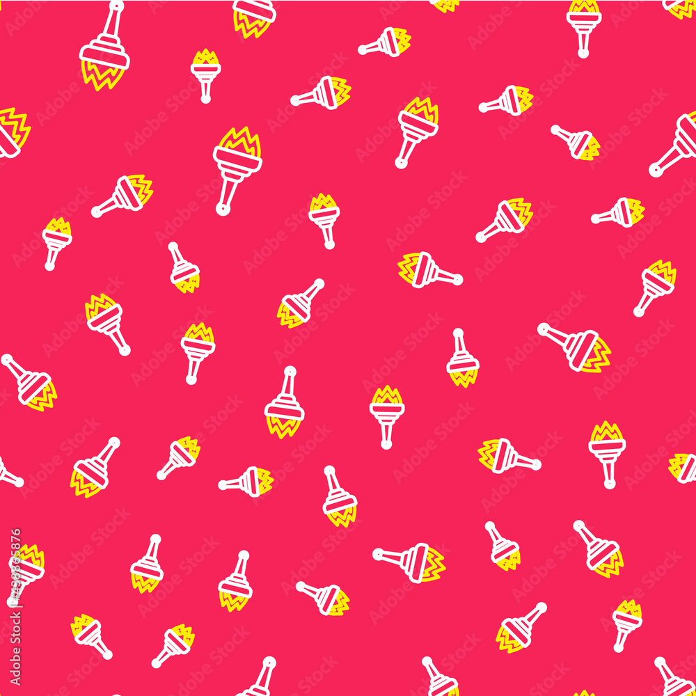 Poster line torch flame icon isolated seamless pattern on red background. symbol fire hot, flame power, fla