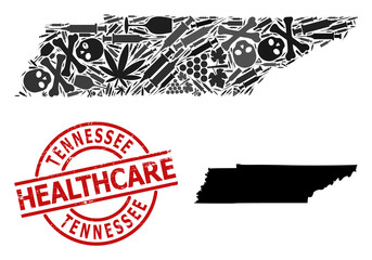 Vector addiction composition map of Tennessee State. Rubber health care round red rubber imitation. Concept for narcotic addiction and treatment posters.