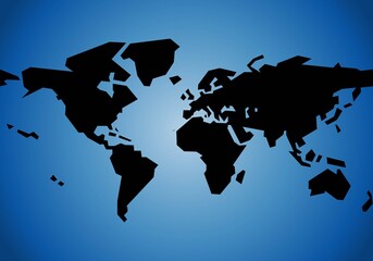 Continentes en negro sobre fondo degradado azul. Mapa mundial negro sobre fondo azul