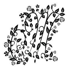 Letter M with botanical elements. Monogram arrangement. Vector floral letter design. Composition for card, invitation, save the date, logo, business style.