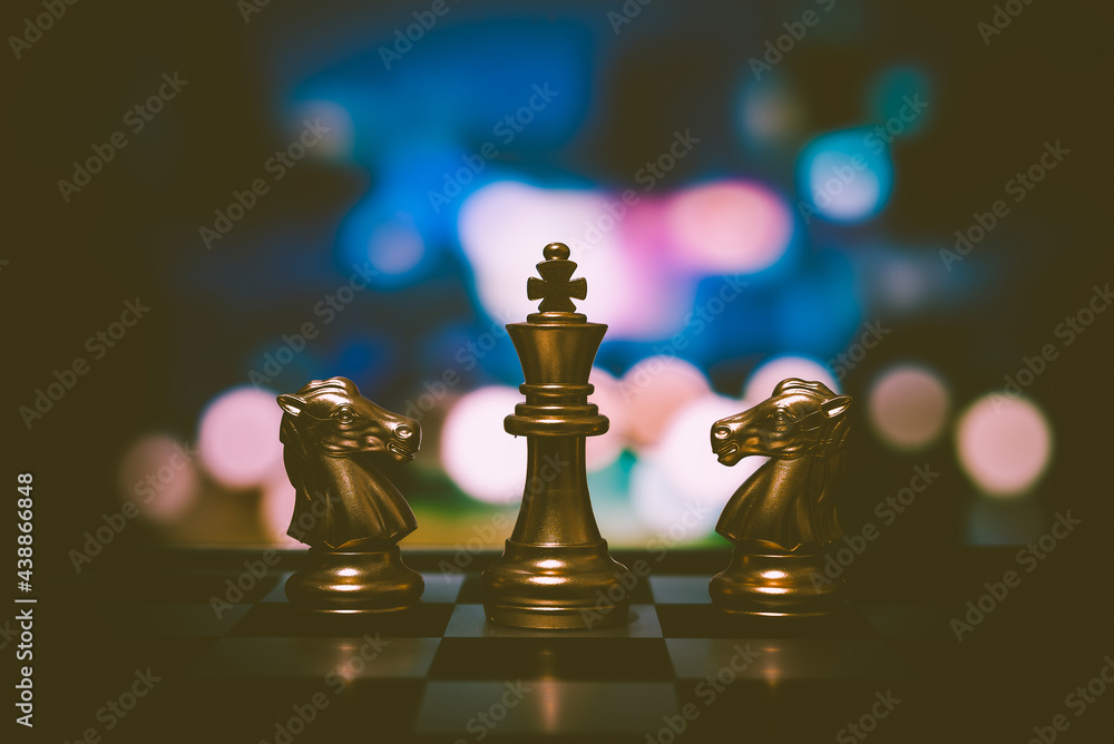 Poster closeup of chess characters on board games. to represent decision making in term of business strateg