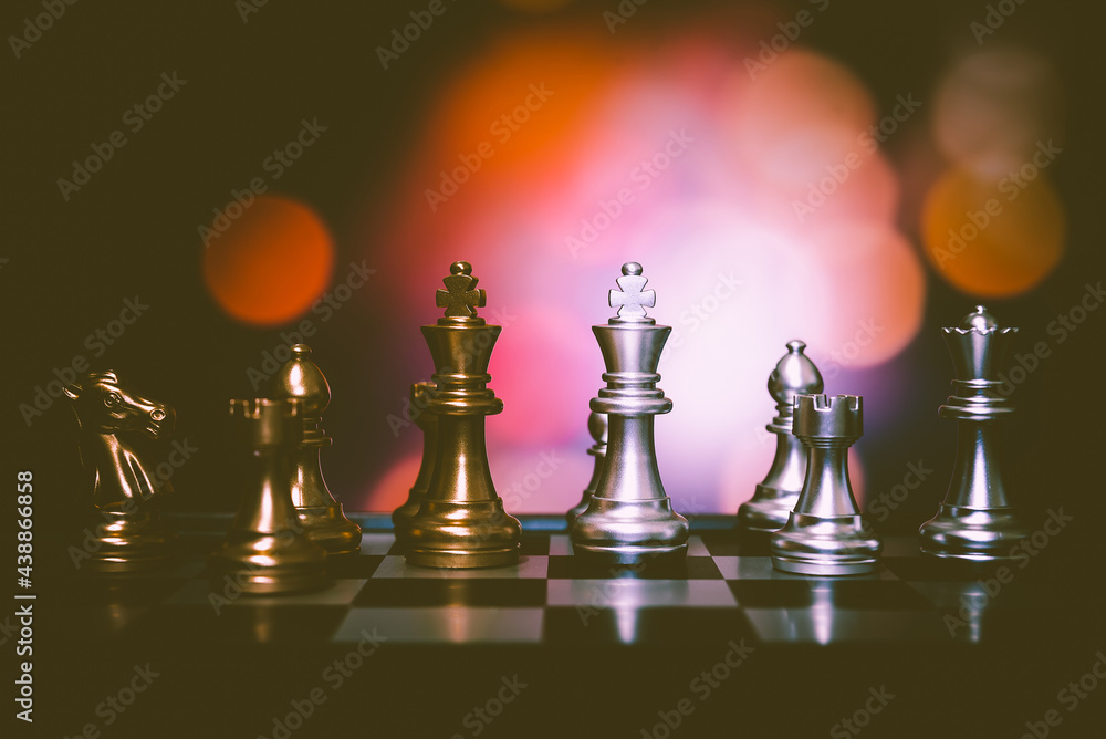 Poster closeup of chess characters on board games. to represent decision making in term of business strateg