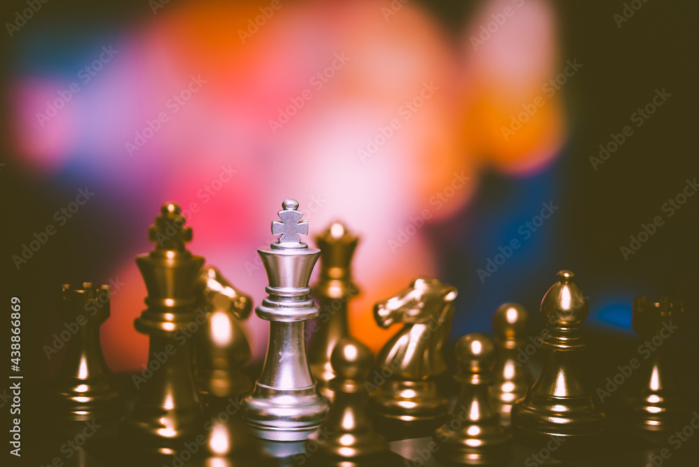 Poster closeup of chess characters on board games. to represent decision making in term of business strateg