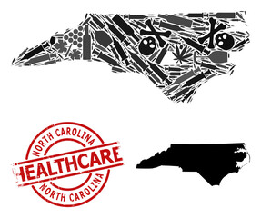Vector narcotic collage map of North Carolina State. Scratched health care round red badge. Template for narcotic addiction and health care posters.