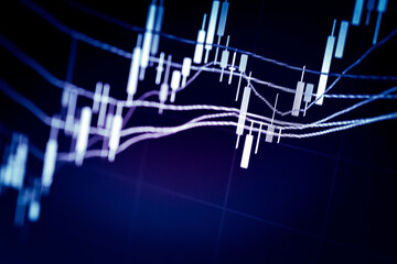 Stock market data on digital LED display. A daily market price and quotation of prices chart and candle stick tracking for Forex trading. Financial data on the digital screen as concept.
