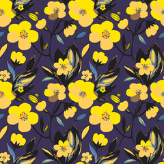 Abstract floral seamless pattern. Yellow colors, painting on a dark purple background. Trendy cherry, anemone, sunflower blossoms print.