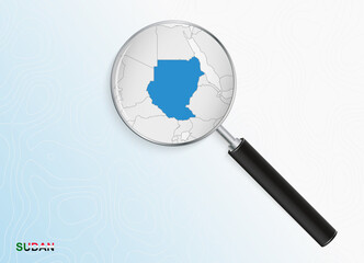 Magnifier with map of Sudan on abstract topographic background.