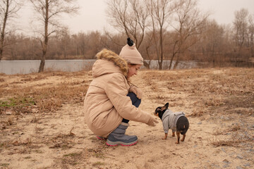 Teenage girl and chihuahua dog. A girl in a beige jacket and a beige hat.