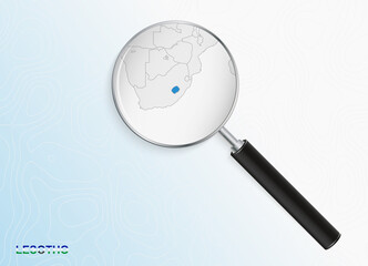 Magnifier with map of Lesotho on abstract topographic background.