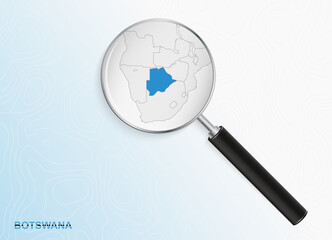 Magnifier with map of Botswana on abstract topographic background.